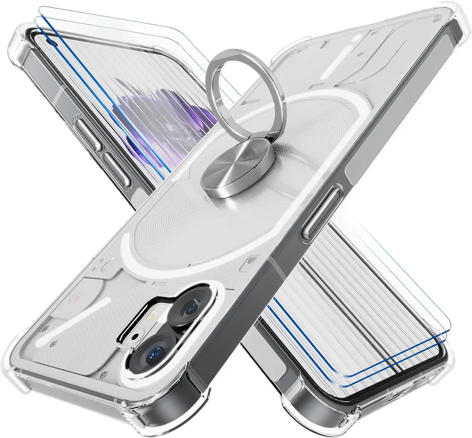 Ring Holder Reinforced Corners Case with 2pcs Tempered Glass Clear Phone Shockproof Cover for Nothing Phone 1 2