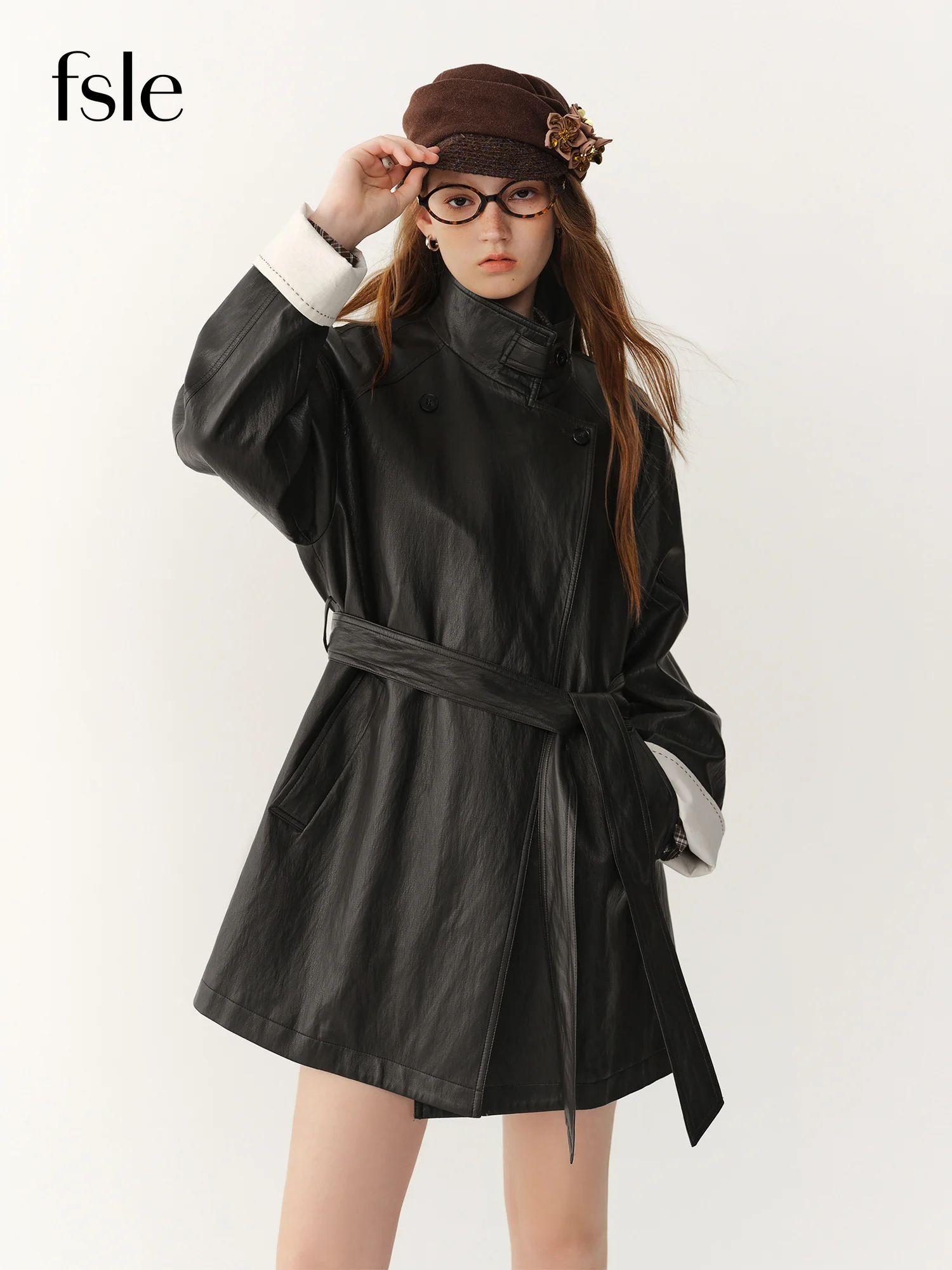 FSLE 2026 Women's Black Contrast Cuff Stand Collar Long PU Leather Jacket Streetwear Motorcycle Inspired Outerwear Trendy Coat