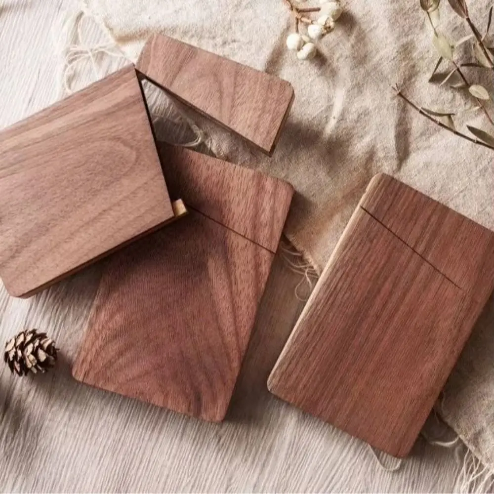 

Thin Walnut Business Card Holder Large Capacity Portable Wooden Card Case Magnetic Closure Pocket Size Business Card Organizer