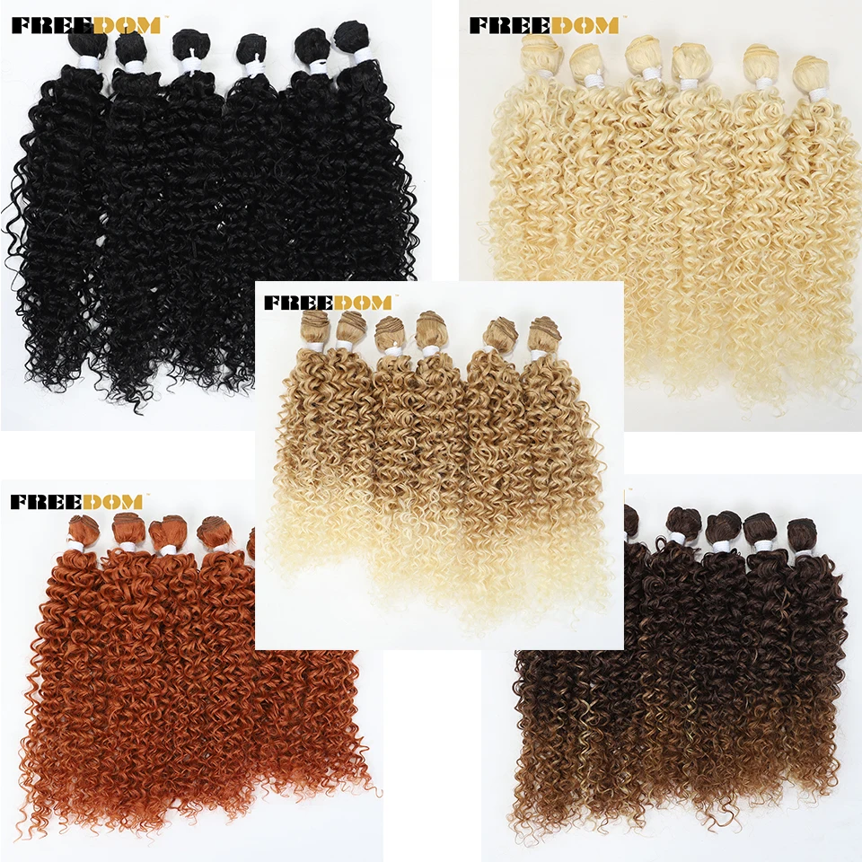 FREEDOM Synthetic Afro Kinky Curly Hair Extensions 22 24 26 inch 6PCS Hair Bundles Weave For Women Ombre Brown Blonde Fake Hair