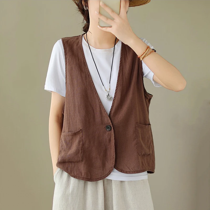

Женский льняной жилет-топ, тонкая верхняя одежда, V-образный вырез, на пуговицах, летний, для повседневной носки, модный, укороченный, цветной