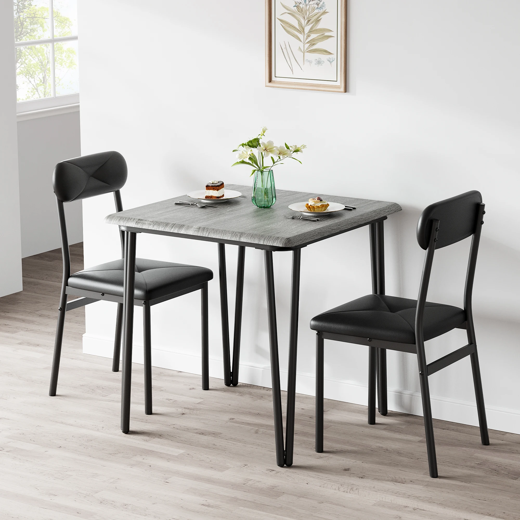 Juego de mesa de comedor para 2, mesa de cocina y sillas para 2 con sillas tapizadas, juego de mesa de comedor de 3 piezas, pestaña cuadrada para cena