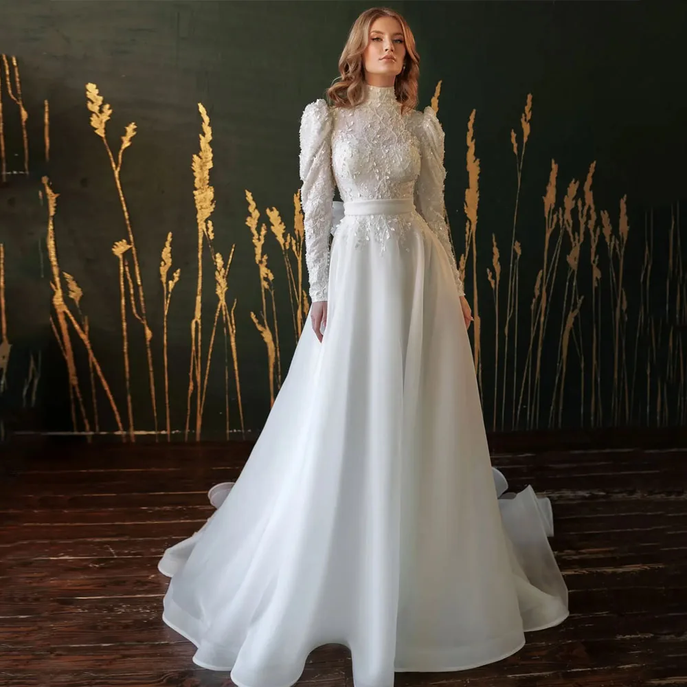 

MCDV Vintage High Neck Full Sleeves Lace Applique Wedding Dresses Bow Formal Bridal Grown Crystal Vetido De Festa Customized