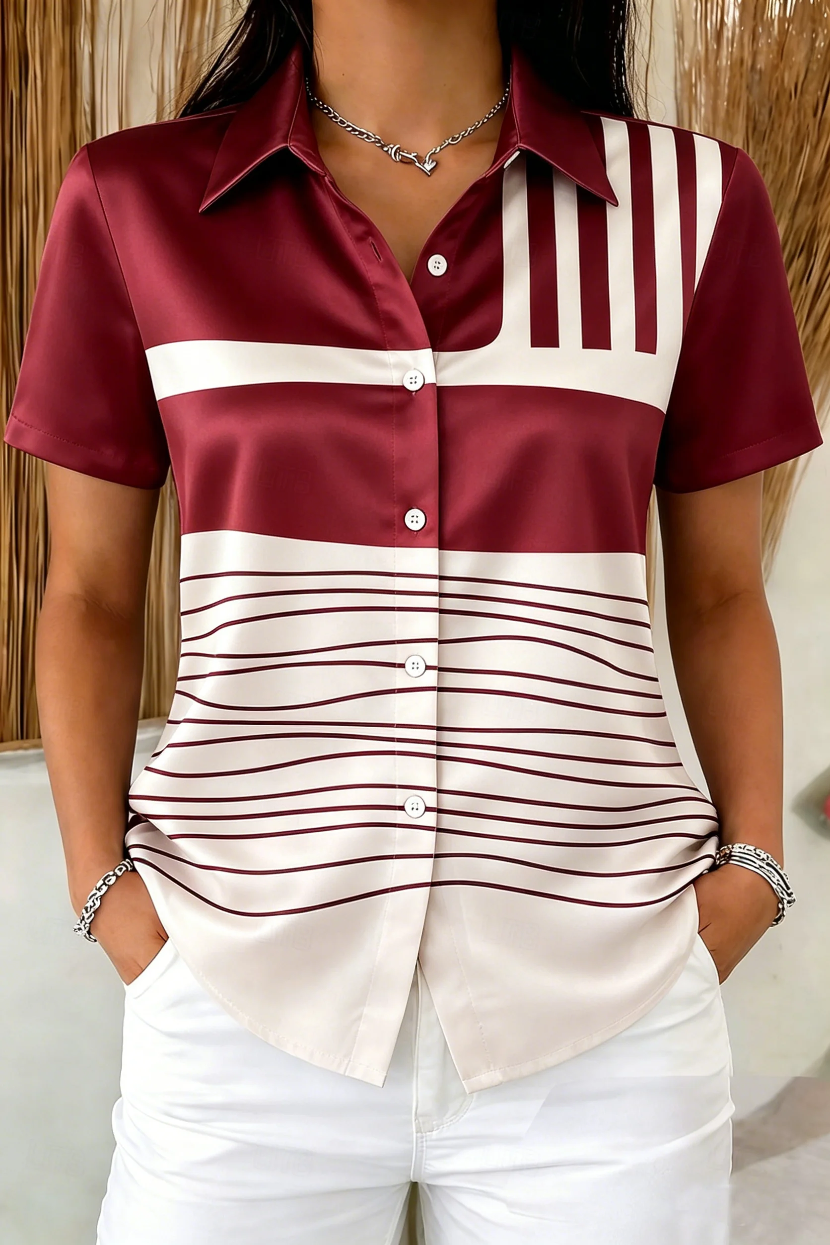 

Women's Short Sleeve Lapel Geometric Stripe Print Button-Up Shirt, Casual Tops for Spring Summer Daily & Office Wear