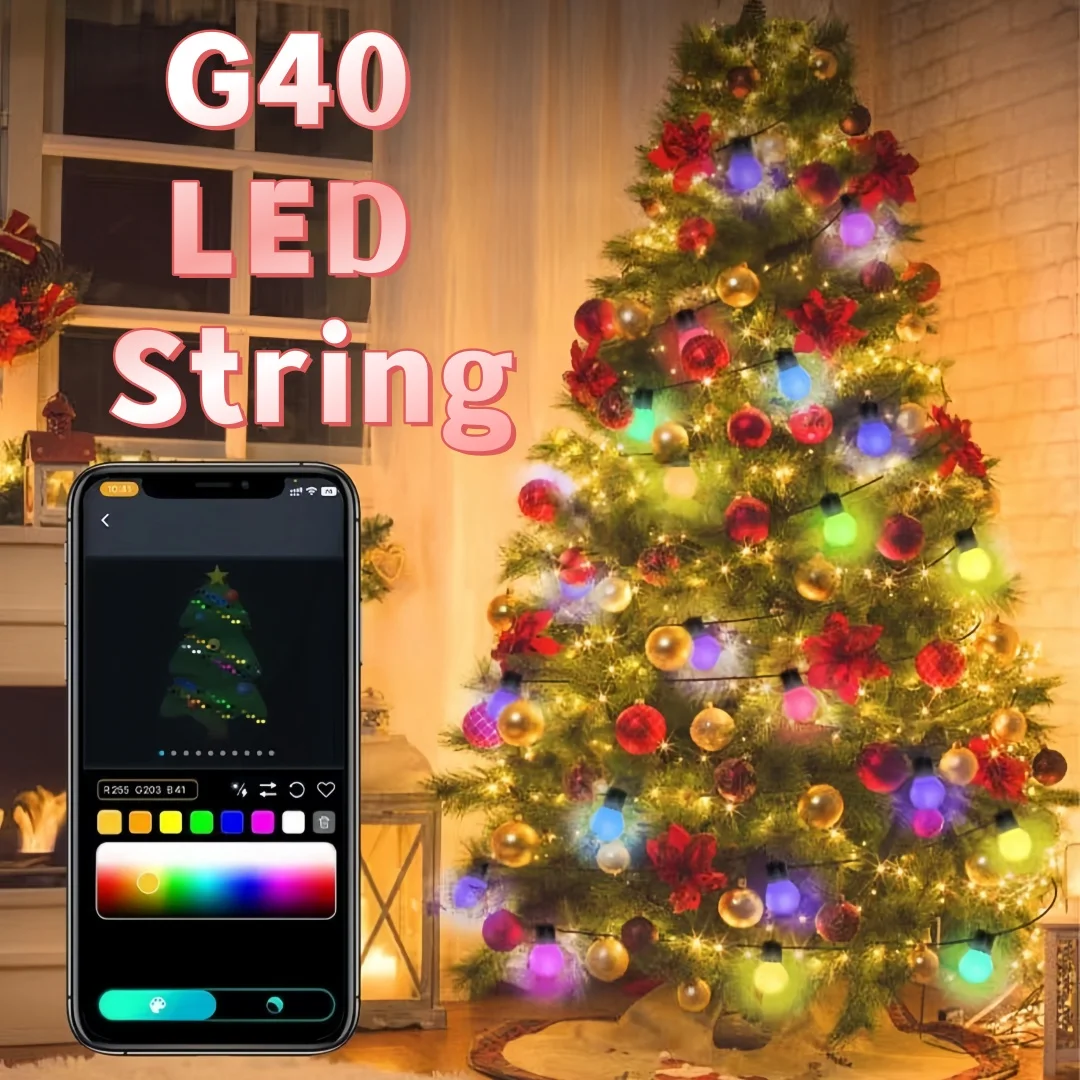 

WS2812B светодиодные гирлянды для вечеринки, рождественские огни, украшение, управление через приложение, управление музыкой, декор для комнаты, дня рождения, светодиодный светильник, уличный G40 IP65