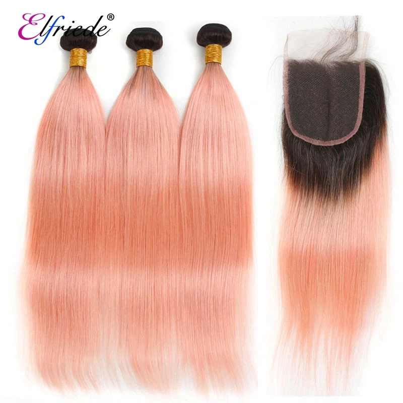 Elfriede #T1B/Light Pink Straight Ombre Colored Hair Bundles with Closure Remy Human Hair Weaves 3 Bundles with Lace Closure 4x4