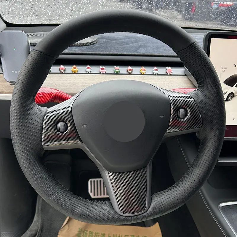 Black Microfiber Perforated Leather Cover Trim Braids On Car Steering Wheel For Tesla Model 3 2015-2021 Model Y 2019 2020 2021