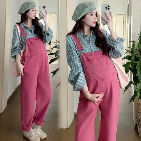 2025 New Spring Maternity Wear Korean Style Casual Simple Denim Overalls Sweet Cut Pink Jumpsuits Jeans for Pregnant Women Youth