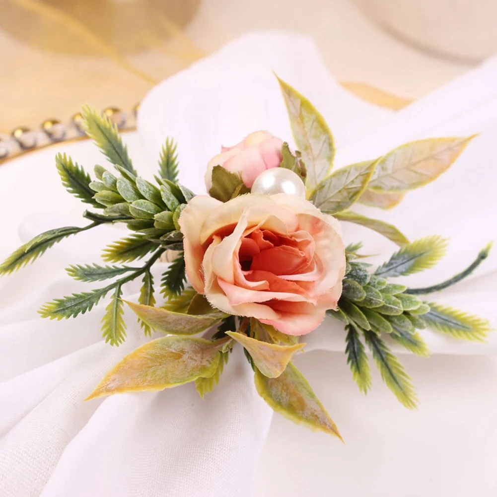 Quality! Double Rose Napkin Rings Set of 4, Pink Flower Napkin Rings with Berries and Green Leaves Handmade Napkin Ring Holders