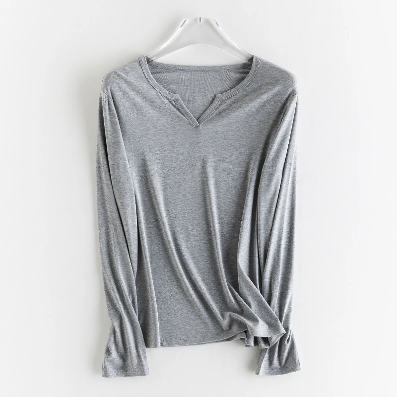 SuyaDream Women Solid T Shirt, Silk Viscose Blend, V Neck, Long Sleeves Chic Shirt 2025 Spring Summer Cozy Top, White, Grey
