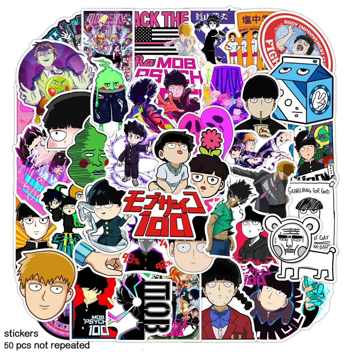 50 Uds Mob Psycho 100 pegatinas de grafiti botella de agua portátil teléfono bicicleta maleta monopatín niños pegatina para adultos