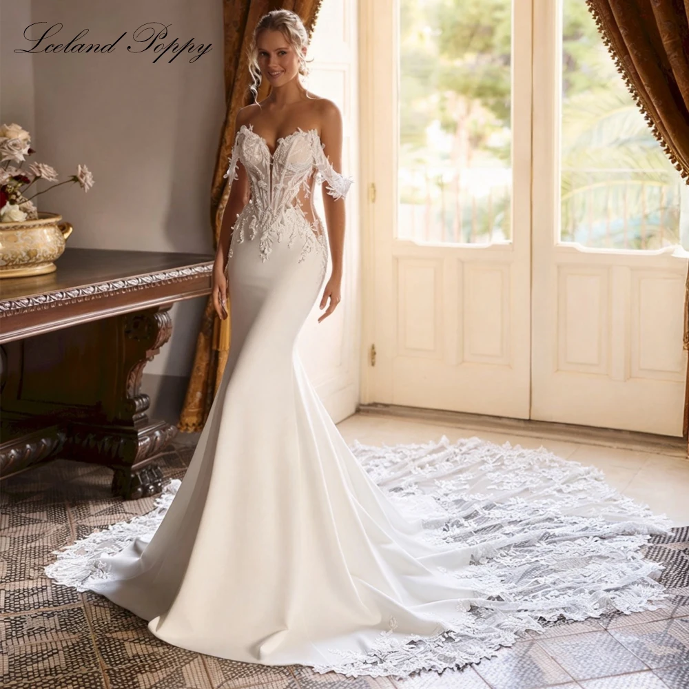 Lceland Poppy Customized Sexy Lace Mermaid Wedding Dresses Illusion Off the Shoulder Bridal Gowns with Chapel Train