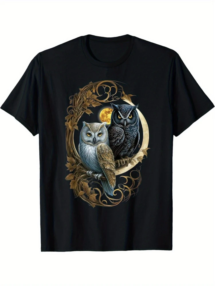 

Moon Owl Graphic with Night Birds Design for Owl Lovers design -100% cotton O-neck short sleeve casual printed men's T-shirt.