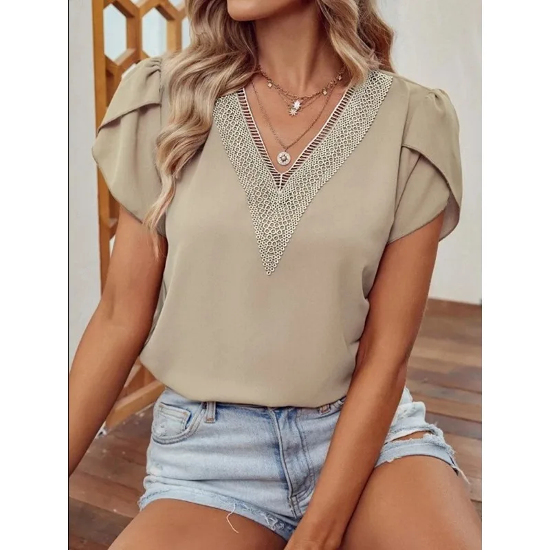 Summer new women's new V-neck flower sleeve short sleeve solid color blouse