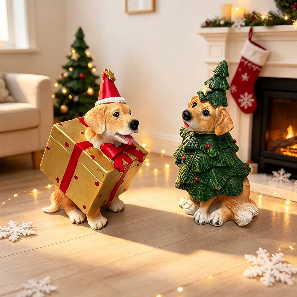 Christmas Golden Retriever Dog Resin Figurine Cute Puppy Christmas Tree  Tabletop Ornament Holiday Home Desktop Decoration Gift