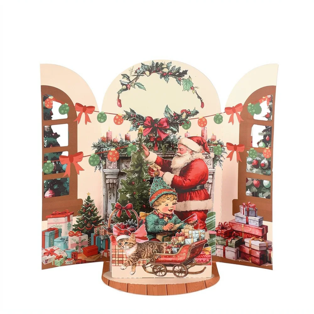 Unique 3D Christmas Card Santa Claus Retro Fireplace Pop Up Paper Sculpture Holiday Gift Card Festive Decoration