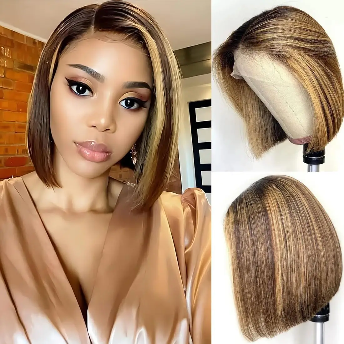

Straight Bob Honey Blonde Lace Front Wig Human Hair Wigs Highlight 13X4 Pre Plucked Transparent Lace Frontal Wig For Women 4/27