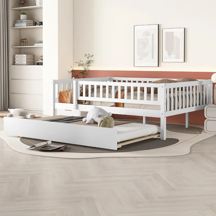 Full Size Daybed with Trundle Wood Full Platform Bed Frame with Rails No Box Spring Needed Easy Assembly for Bedroom or Guest R