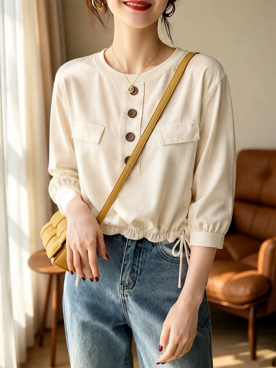 round Neck Drawstring Waist Top Commute Versatile Lazy Style Shirt Korean Version Straight Cut Five Sleeve Pure Color Women's...