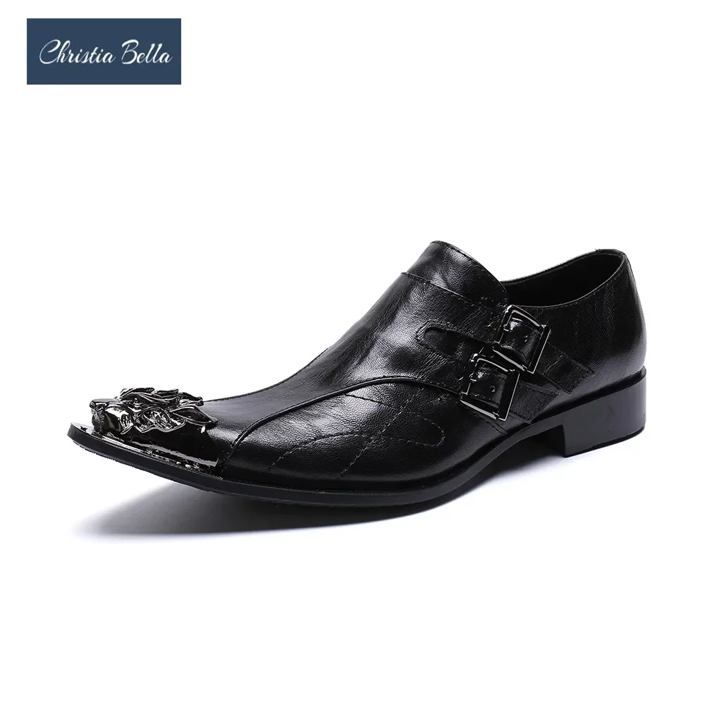 

Vintage Men Black Metal Pointed Toe Brogue Shoe Business Office Formal Shoes Male Real Leather Brogue Shoes Wedding Dress Shoes