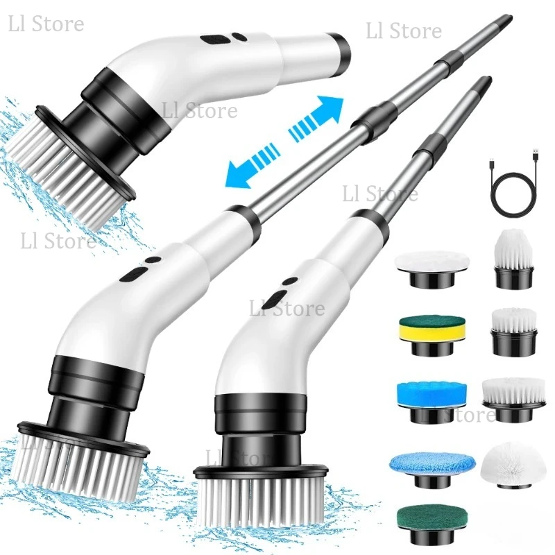 Brosse de nettoyage électrique multifonctionnelle 9 en 1 avec fonction télescopique, outil de nettoyage pour sols de salle de bain et cuisine
