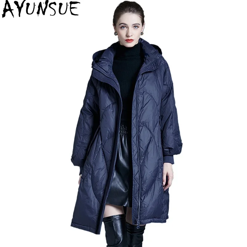 AYUNSUE Piumino in piuma d'anatra bianca da donna con cappuccio 2024 Cappotto lungo invernale Piumini caldi Abbigliamento donna oversize Пухо osnки