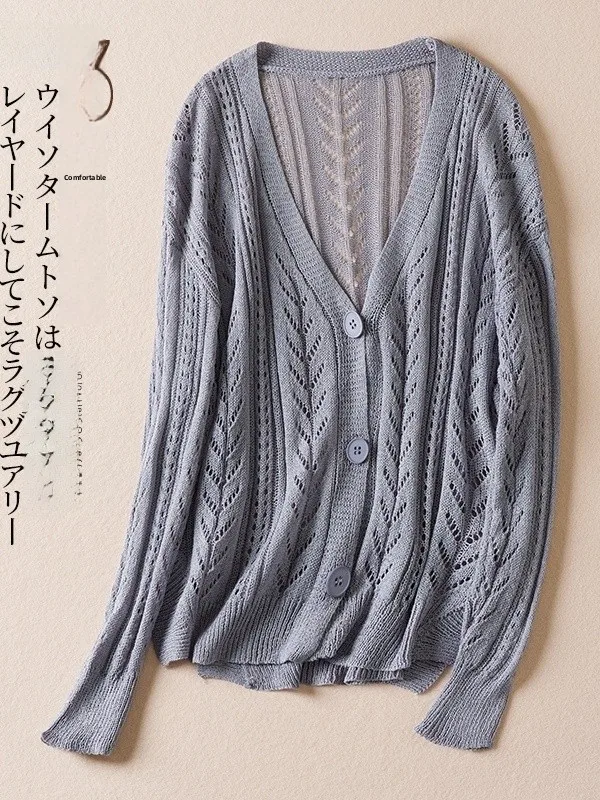 

Spring Fashion Large Size Women's Knitted Hollow out Long Sleeve V-Neck Open Cardigan Thin Outerwear Top Casual Cotton Polyester