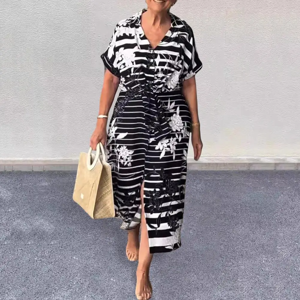 

Women Loose Fit Dress Stylish Floral Print V Neck Midi Dress for Women Slim Waist Split Hem Summer Dress with Short Sleeves