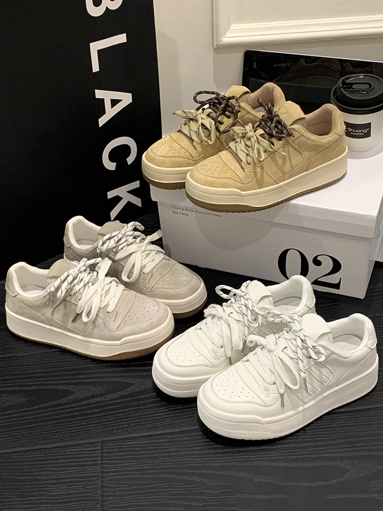 Zapatillas deportivas informales para mujer, zapatillas De deporte De cuero genuino con botonadura, otoño 2025, nueva suela De goma plana con cordones cruzados De Xin