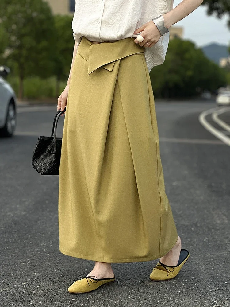 

Юбка-миди с высокой талией, желтая, с асимметричными складками, элегантная, с разрезом сзади, женская, модная, новинка весна-осень