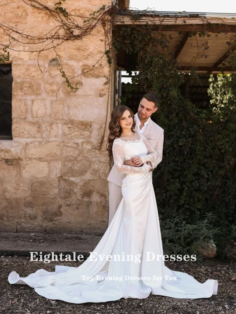 ชุดแต่งงานแบบอาหรับ Eightale แบบสั่งตัด สีไอวอรี่ คอวี ประดับลูกไม้ ชุดเจ้าสาวมุสลิมทรงเมอร์เมด ชุดงานเลี้ยงเจ้าสาว