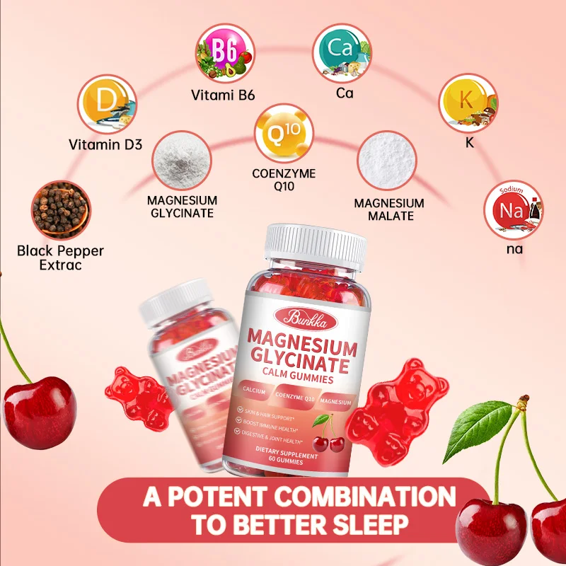 Bunkka Magnesium Glyciniate Gummies with Calcium Pottasium Vitamin Coq10 Bone Joint Brain Health Muscle Cramp Sleep Quality