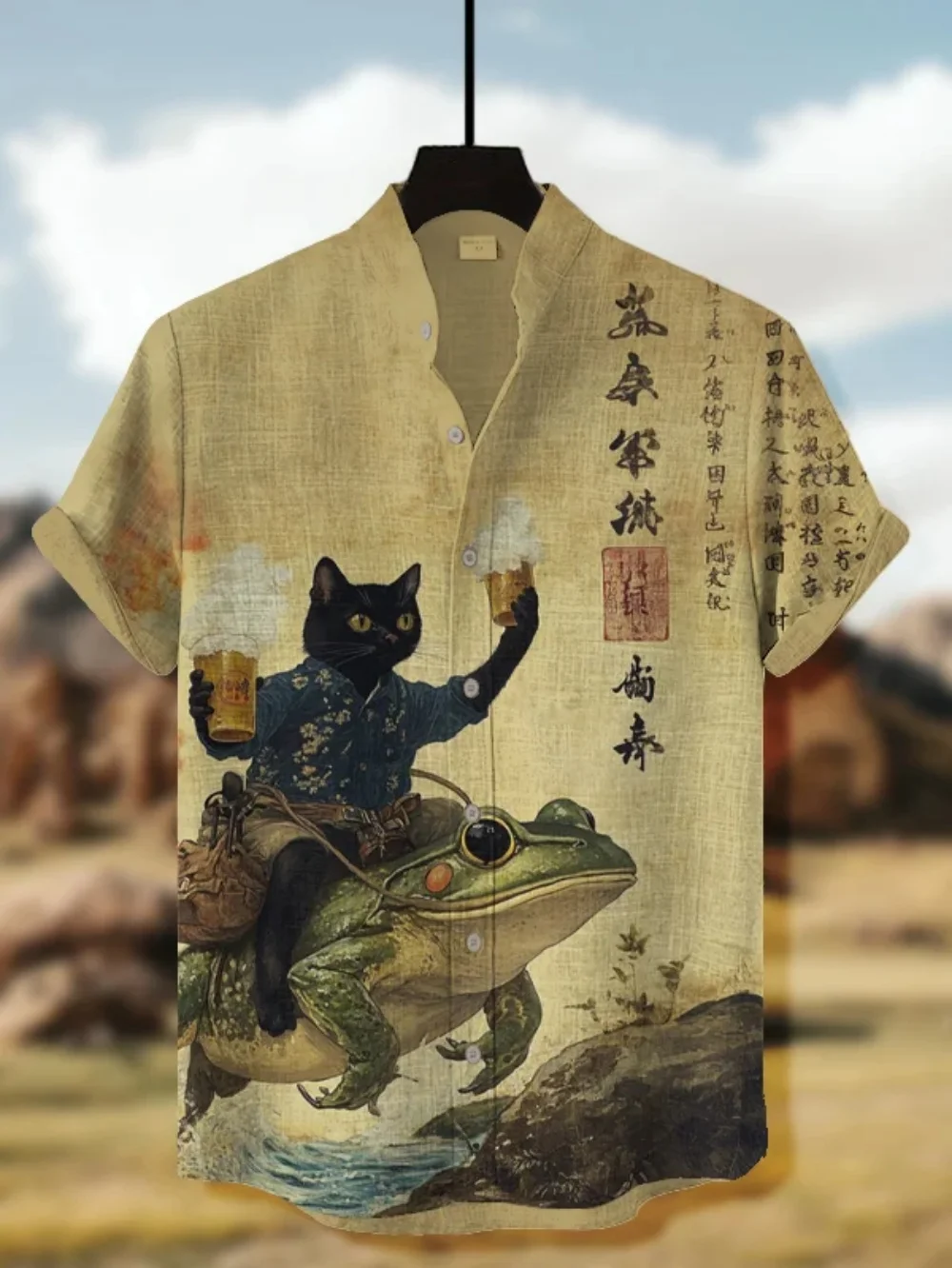 الإبداعية أرنب المحارب طباعة قصيرة الأكمام قميص الوقوف طوق عارضة هاواي عطلة الشاطئ الكتان المألوف الرجال أعلى #4