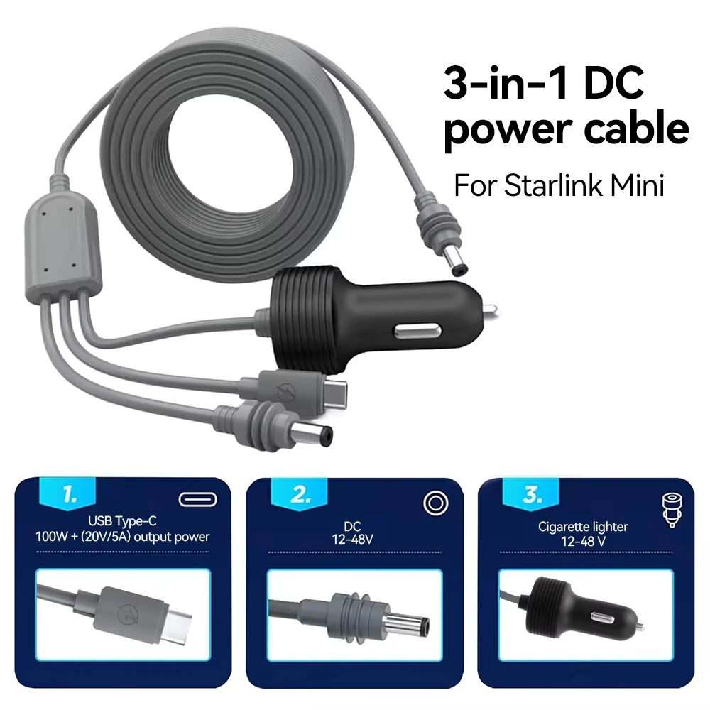 Für Starlink Mini 3-in-1-Autoladegerät, wasserdichtes Verlängerungskabel, 18 AWG, USB C. Ausgestattet mit einem Voltmeter