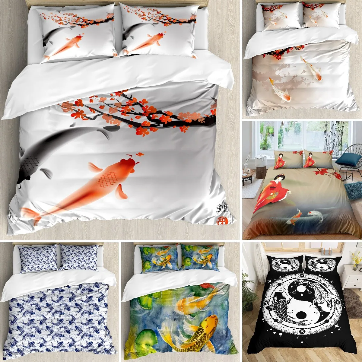 

White Koi Fish Duvet Cover Set, Sakura Branch And Leaves Fish Swimming In Water Oriental Style Duvet Cover King/Queen/Full Size