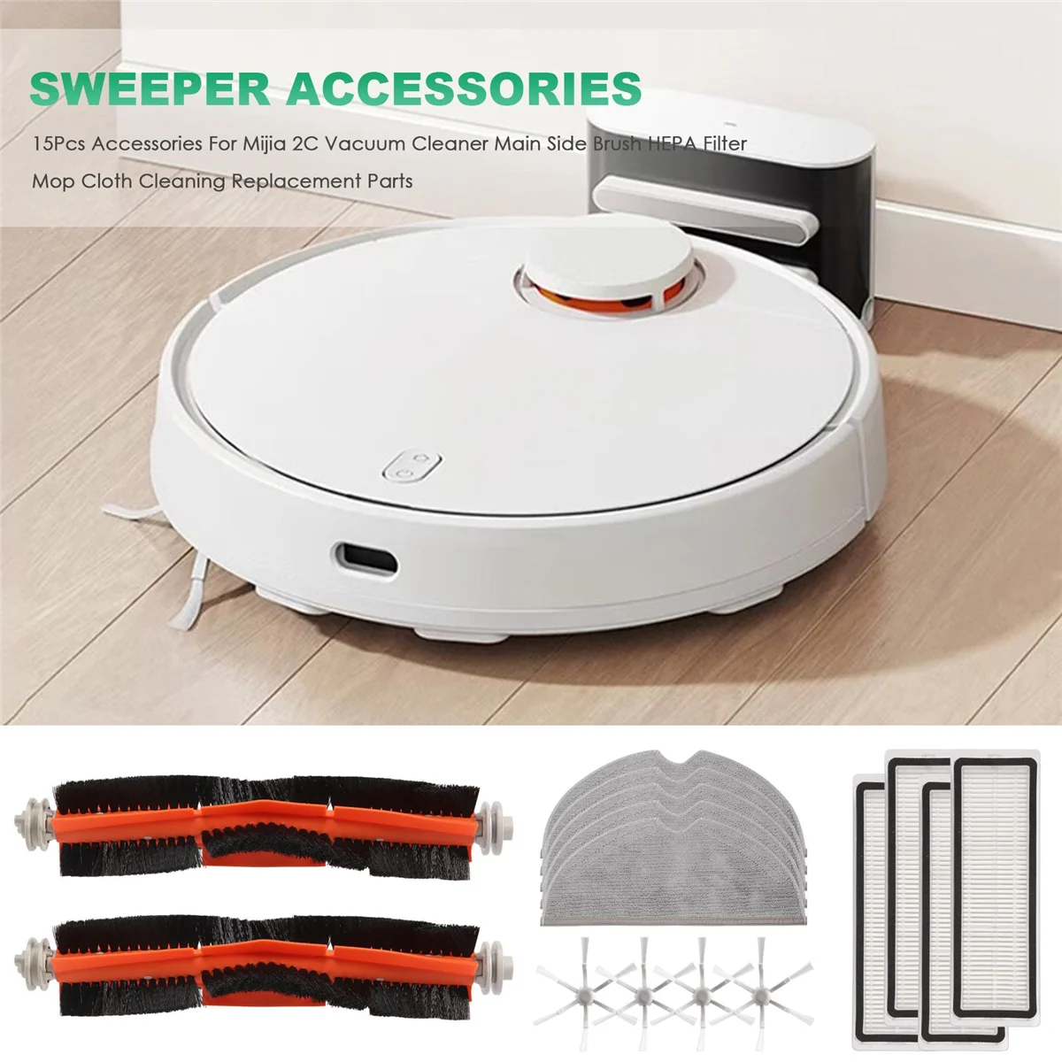 15 Stück Zubehör für Xiaomi Mijia 2c Staubsauger Hauptseite bürste Hepa Filter Mop Tuch Reinigung Ersatzteile