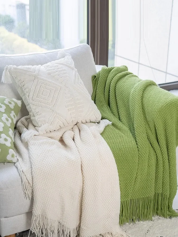 Thickened Textured Knitted Blanket Solid Sofa Bed Cover Corn Grain Waffle Embossed Knit Tassels Throw Bedspread Home Decor Manta