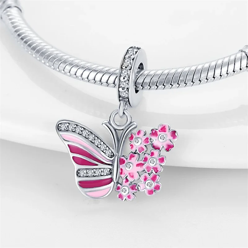 Charms Original 925er Silber vergoldet Kirschblüten-Serie, rosa Schmetterlings-Anhänger, Perlen für Armbänder, DIY, feines Geschenk für Frauen, zart