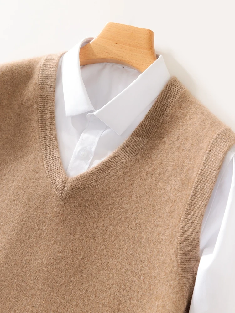 

Men's 100% Merino Wool Sweater Vest V-neck Sleeveless Pullover Autumn Winter Smart Casual Cashmere Waistcoat Knitwear Basic Tops