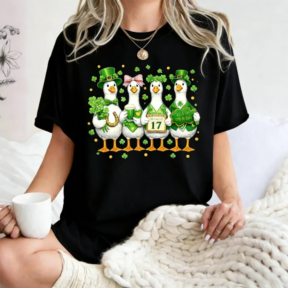 Lustiges St. Patrick's Day Gänse-T-Shirt, irisches Kleeblatt-T-Shirt für Männer und Frauen, modisches Rundhals-T-Shirt aus Baumwolle, St. Patrick's Festival-Shirt