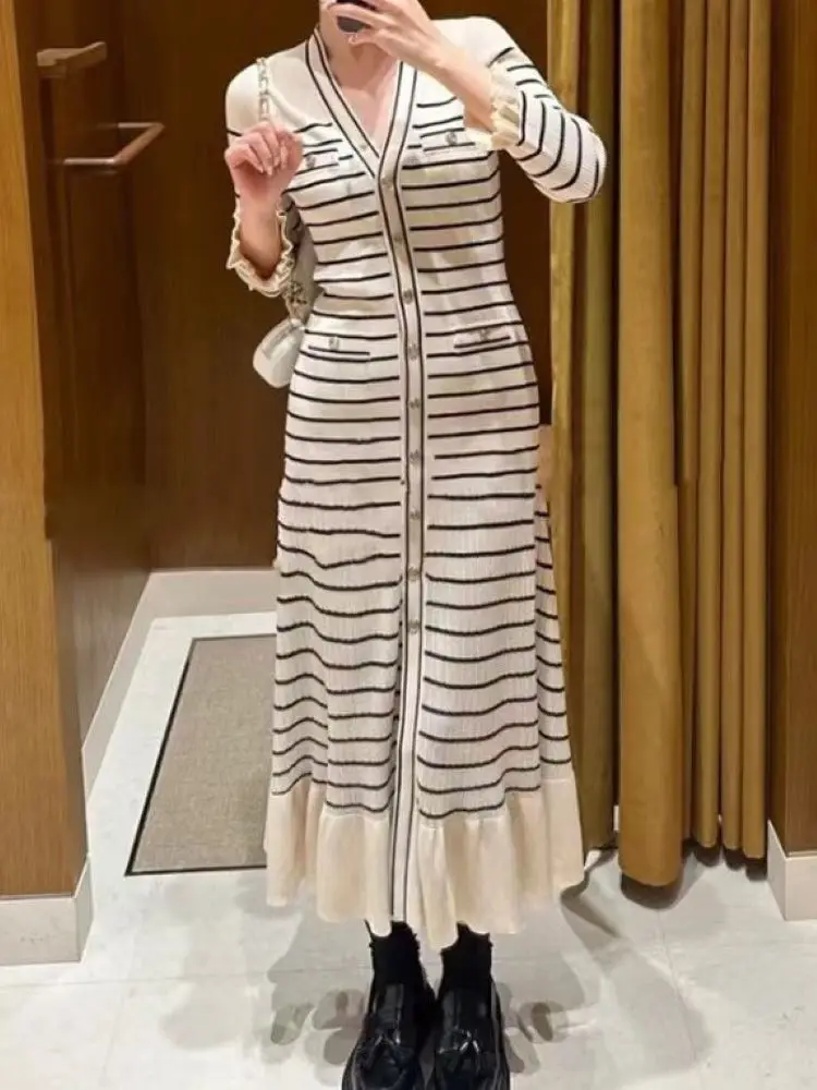 

Women Knitted Robe Striped Ruffles Spliced Half Sleeve V-Neck Single Breasted Elegant Spring 2024 Midi Dress