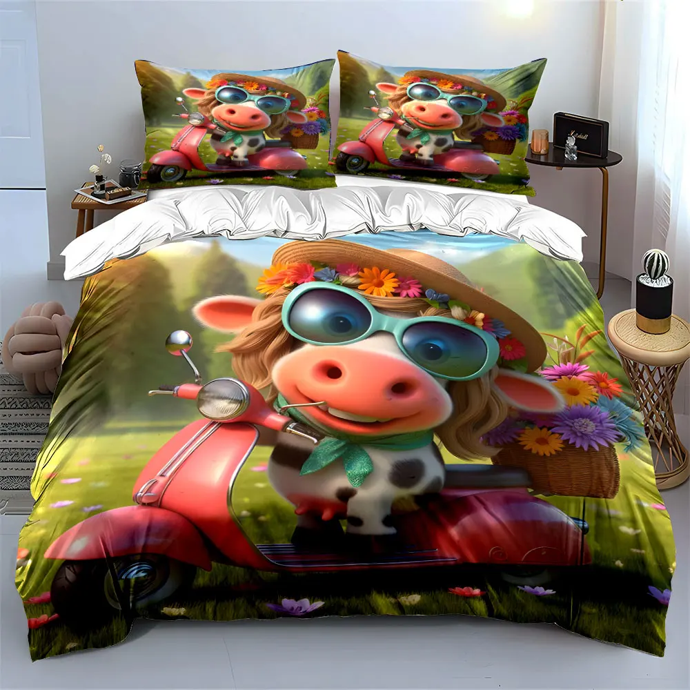 Cow riding pink scooter. Print Bedding Set 1 Duvet Cover 2 Pillowcases for Adult and Children Luxury Gift Full Size