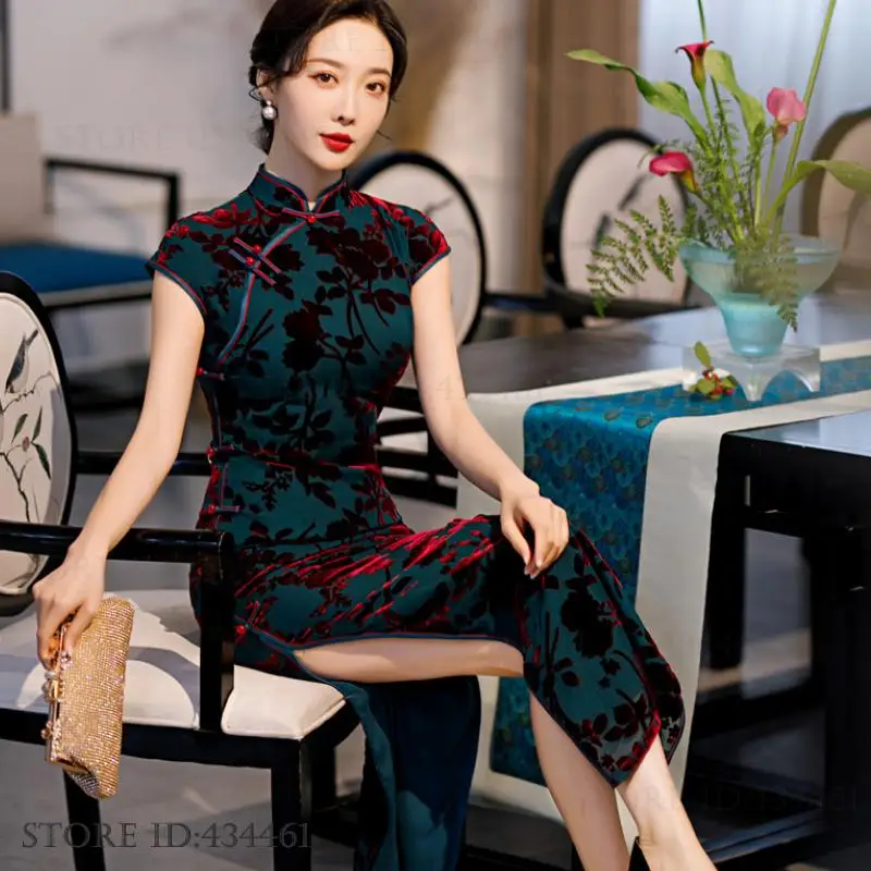 Elegant Classic Female Long Qipao Sexy Slim Split Cheongsam Vintage Button Mandarin Collar Traditional Chinese Dress Vestidos