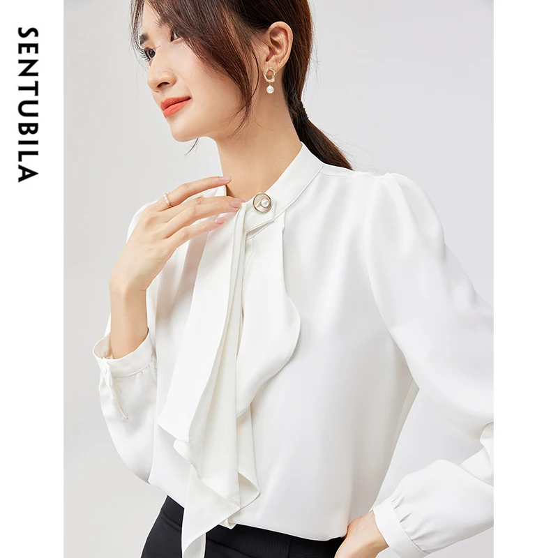 SENTUBILA Classic Solid Office Lady Women Shirt 2024 Autumn Straight Ribbon Collar Puff Sleeve Simple Women Tops 143C57856X