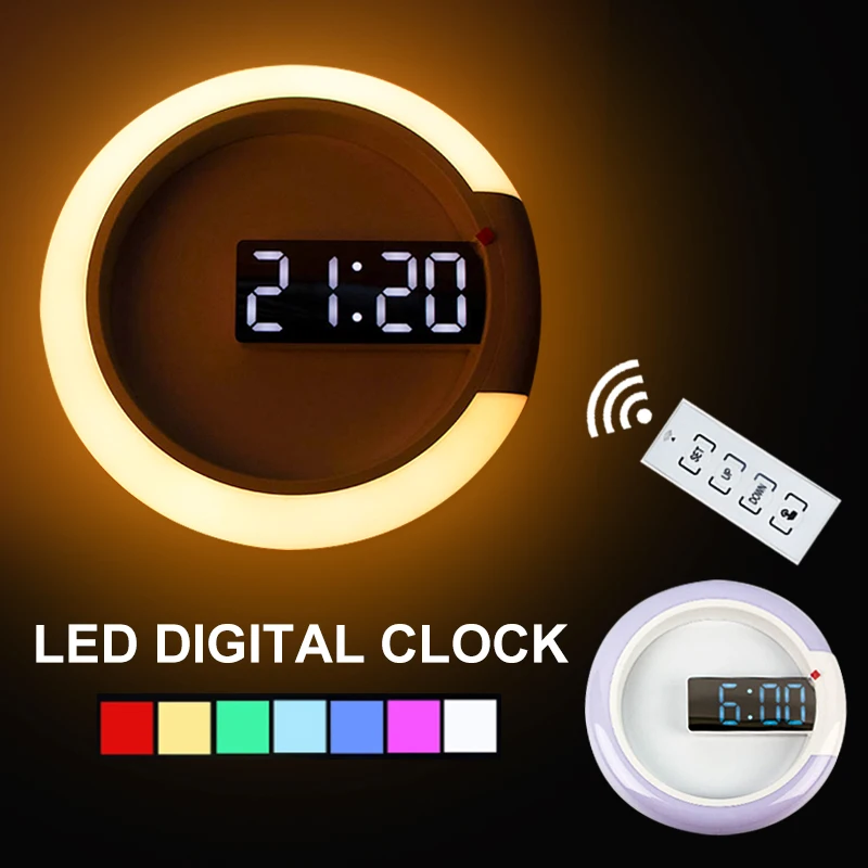 3D LED Mirror Hollow Wall Clock Modern Thermometer Remote Control Alarm Clock Can Switch 7 Colors Clock For Home Living Room