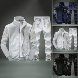 Men Suit Set Men's Winter Sports Suit with Stand Collar Zipper Cardigan Drawstring Trousers Stylish Pocket Design Coat Set