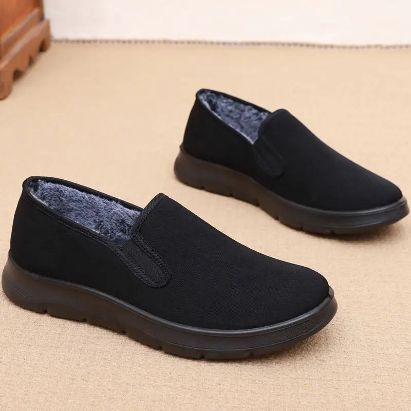 

Men's Winter Shoes Beijing Style Cotton Slippers Soft Bottom Warmth Added Fleece Anti-Slip Dad Shoes round Toe Flat Heel