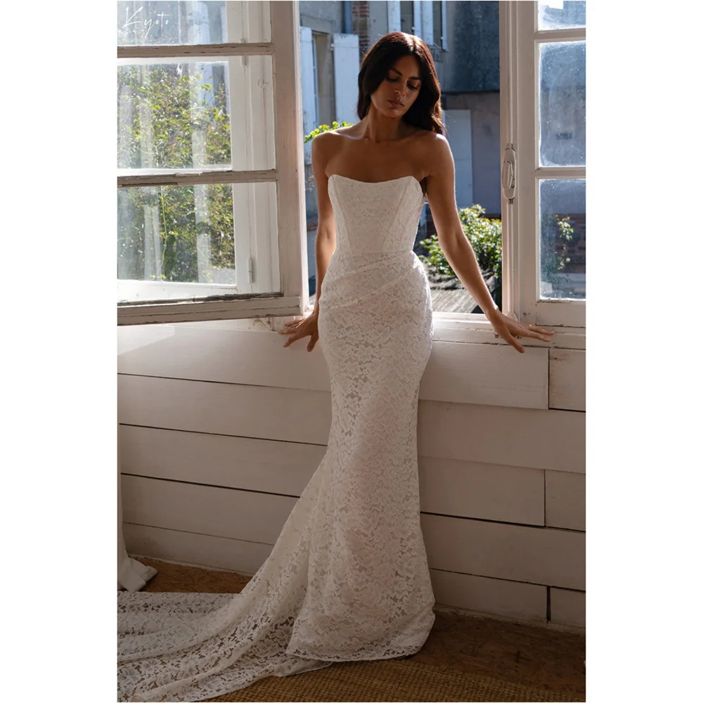 فستان زفاف كيوتو مخصص باللون الأبيض الفاتح بدون حمالات من الدانتيل حورية البحر بسحاب خلفي مع زر فيستدوس دي نوش ذيل محكمة سهرة رسمية