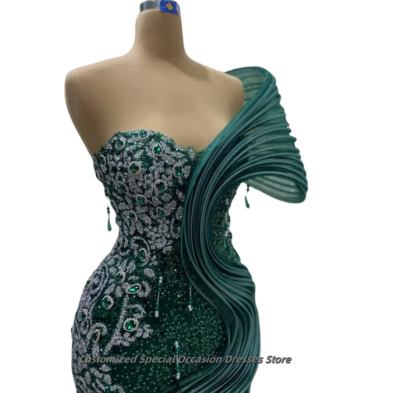 Exquisitos vestidos de noche de sirena verde, vestido Formal largo con cuentas de cristal, un hombro, plisado con lentejuelas, fiesta de Gala personalizado