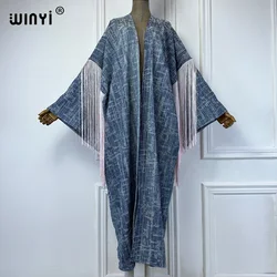 WINYI Jacquard denim cardigan tassel kimono maxi Dress elegant Party Holiday beach Cover Up abaya dubai luxury fashion dress